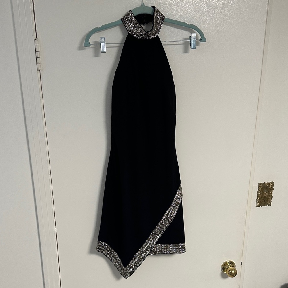 bebe Embellished Backless Asymmetrical Dress